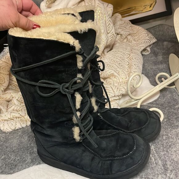 Sz 8 UGG sherpa white wool black sheepskin uptown 2 laceup tall boot /ugg shoe - Picture 4 of 10